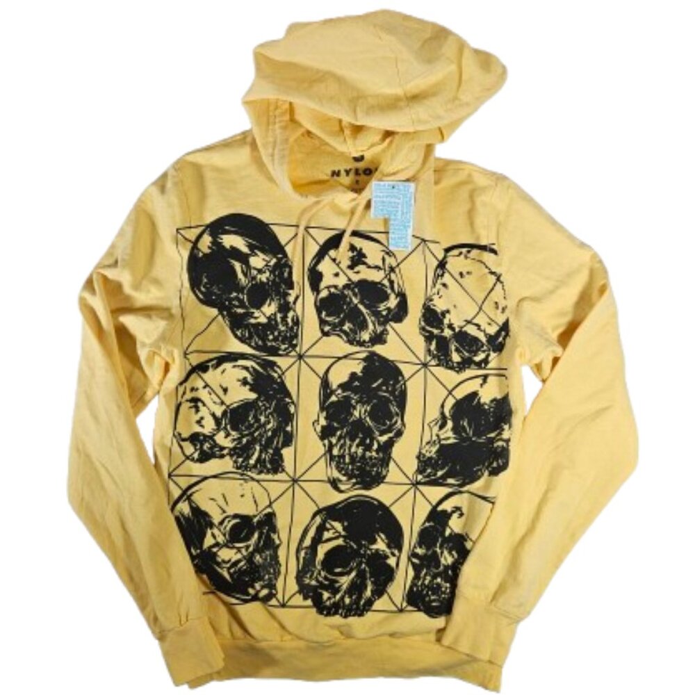 Nylon Urban Outfitters Yellow Hoodie with Black Skulls Men's Size Medium NWT